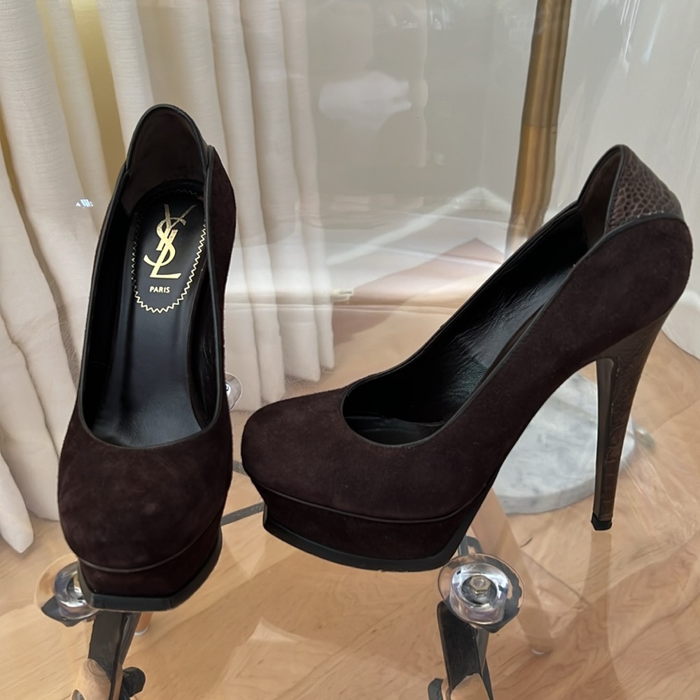 Saint Laurent Chocolate Brown & Ostrich Tribtoo Platform Pumps Size 36 / 6